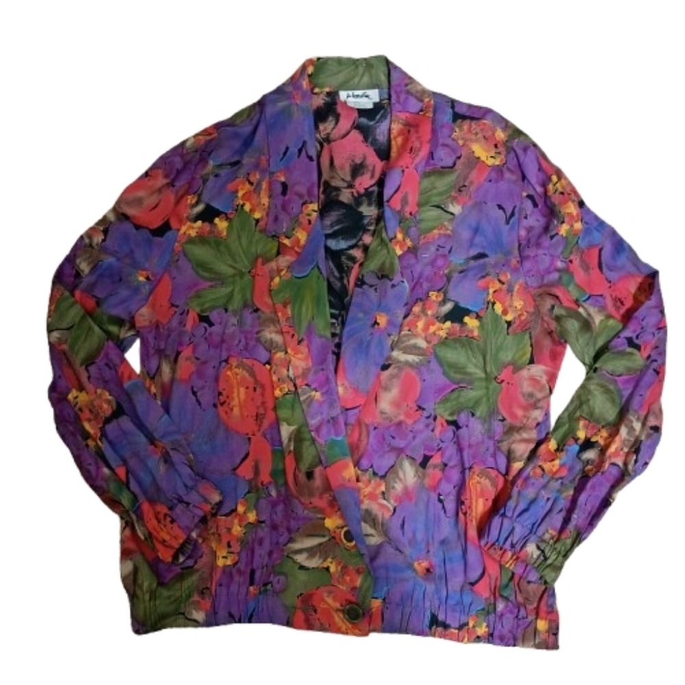 Jo Hardin 2 Pc Blouse and Jacket Set 80's VTG 100% Rayon 14 Fruit Floral Artsy